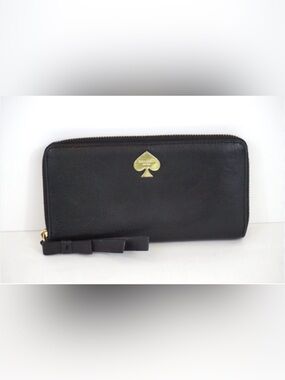 kate spade Black Leather Zip-Around Wallet with Bow Pull and Gold Spade